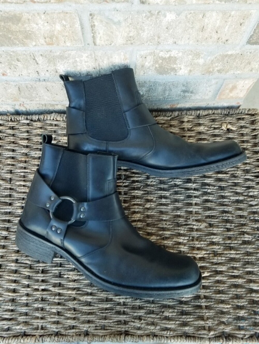 NATHA BLACK Leather Lavorazione Artigianna  MOTO HARNESS Ankle BOOTS (Men 12)